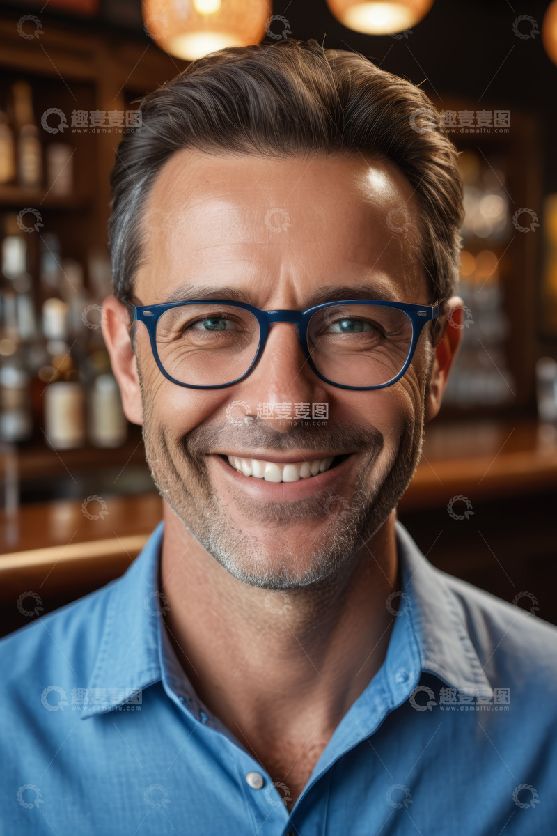 高清大图下载【趣麦麦图】酒吧中微笑的中年男子