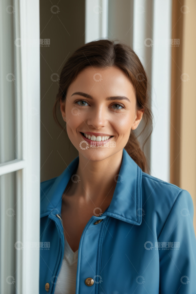高清大图下载【趣麦麦图】窗边微笑的年轻女子