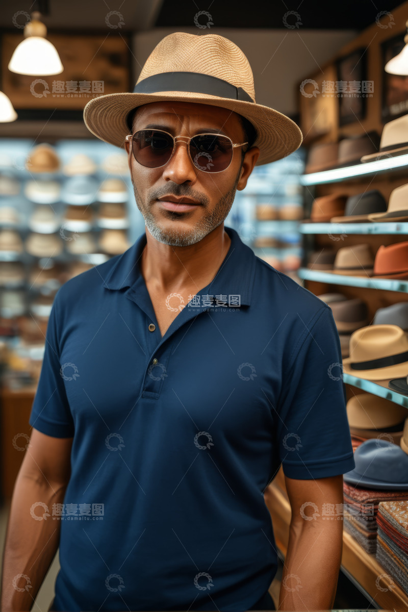 高清大图下载【趣麦麦图】男子在帽店内戴帽展示