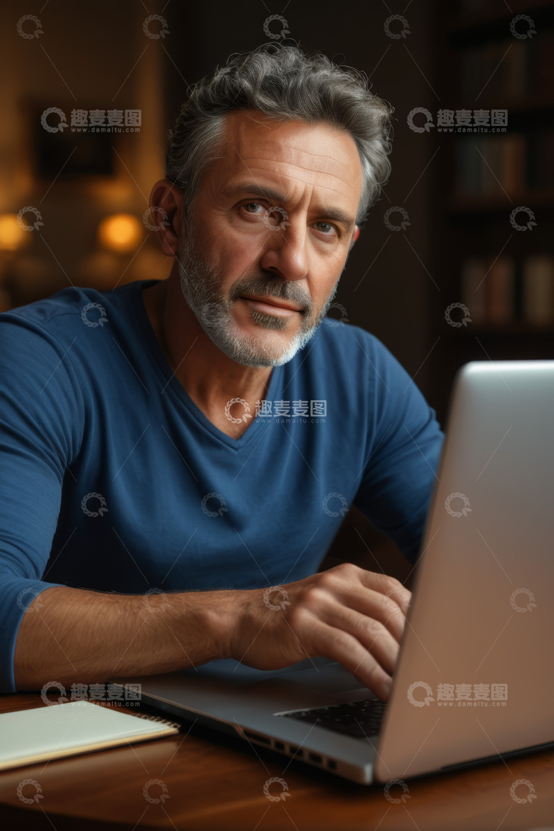 高清大图下载【趣麦麦图】中年男子居家使用笔记本电脑