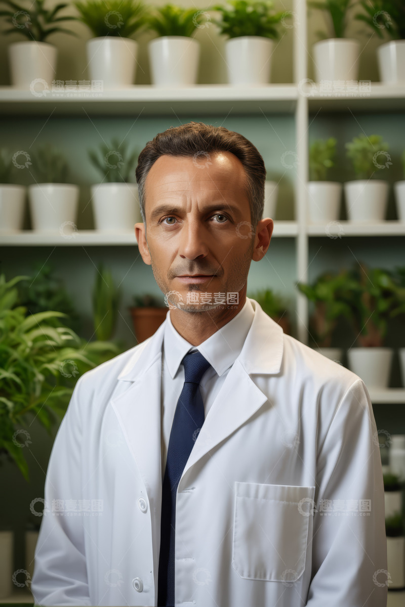 高清大图下载【趣麦麦图】穿着白大褂的男士植物背景前肖像