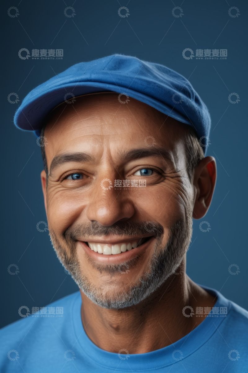 高清大图下载【趣麦麦图】戴蓝帽微笑男子特写