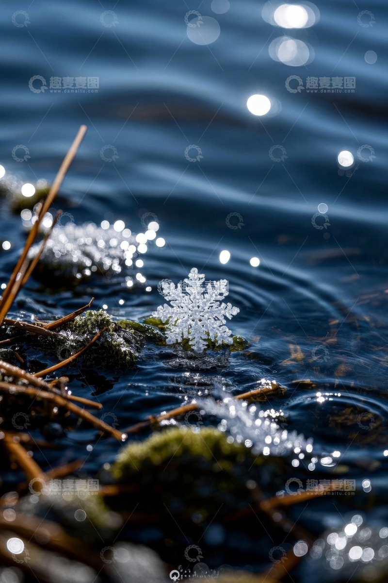 高清大图下载【趣麦麦图】水面上的雪花特写
