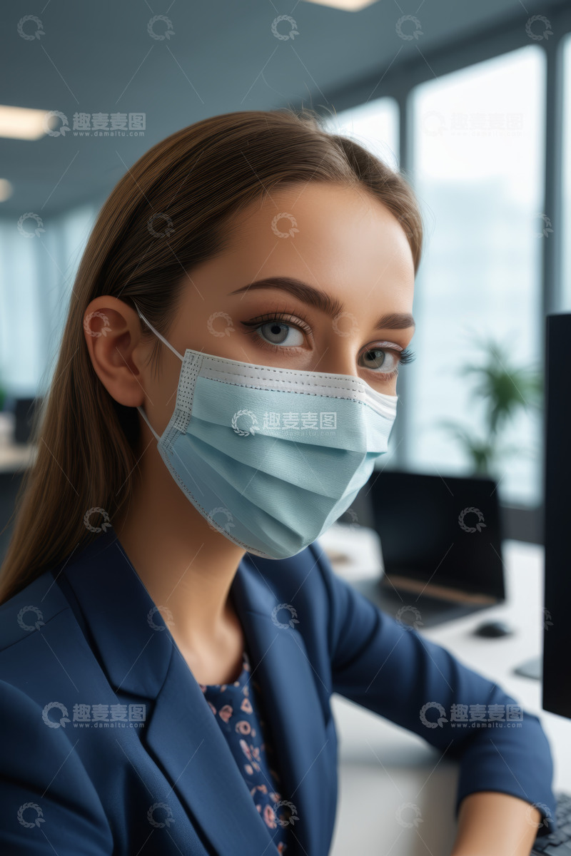高清大图下载【趣麦麦图】戴口罩的职场女性办公肖像