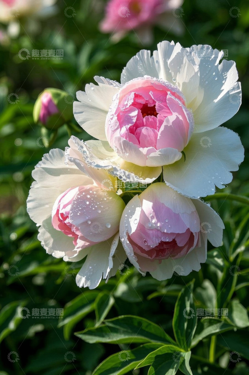 高清大图下载【趣麦麦图】带水珠的粉色白色牡丹花