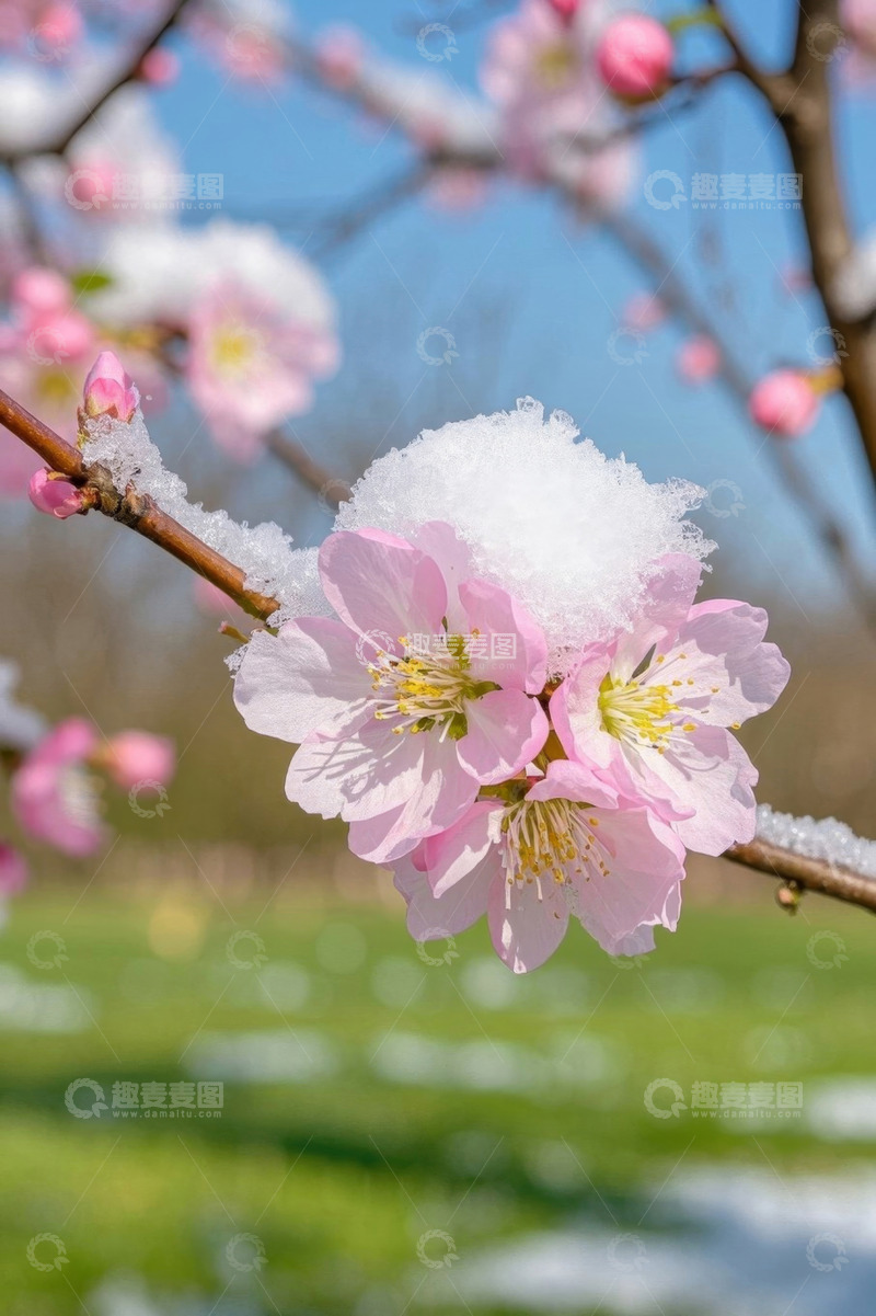 高清大图下载【趣麦麦图】枝头积雪的粉色花朵