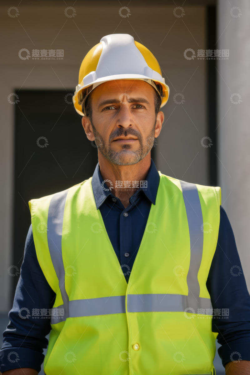 高清大图下载【趣麦麦图】戴安全帽穿反光背心的工人