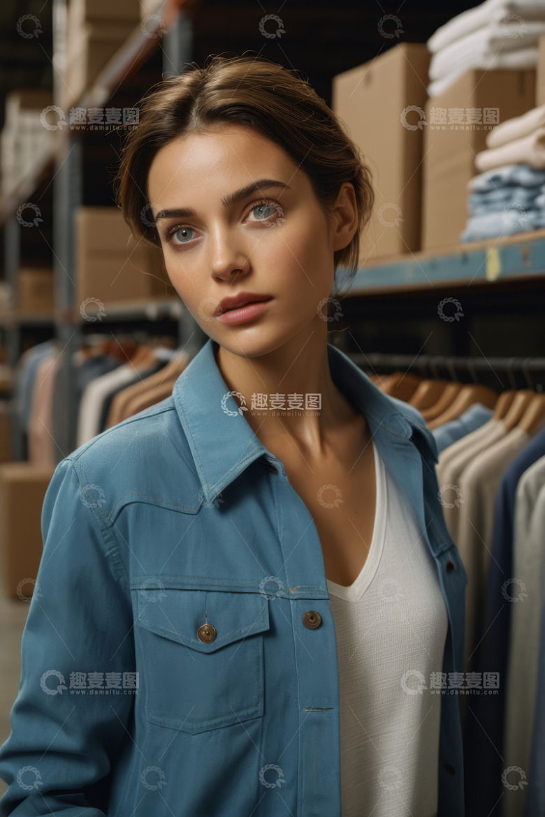 仓库中身着牛仔衣的女子肖像