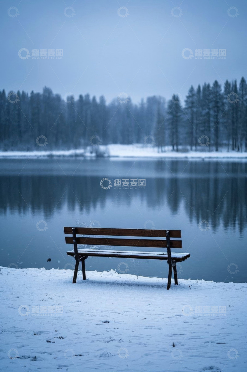 高清大图下载【趣麦麦图】雪地湖畔长椅自然风光
