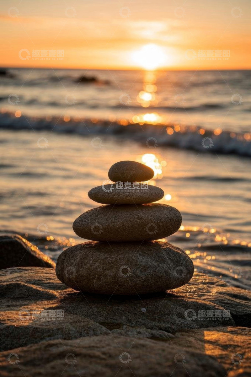 高清大图下载【趣麦麦图】海滩上堆叠平衡的石头
