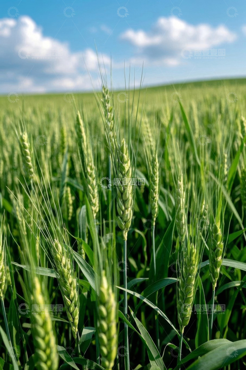 高清大图下载【趣麦麦图】蓝天白云下的绿色小麦田