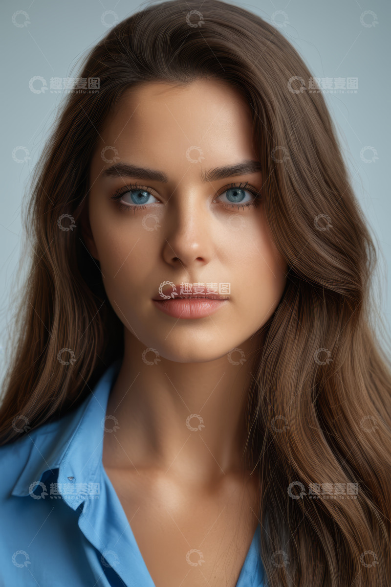 高清大图下载【趣麦麦图】年轻女子蓝色衬衫肖像特写