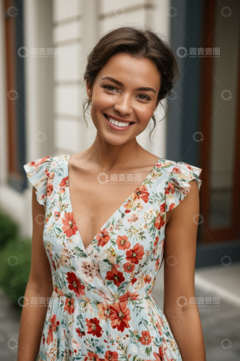 高清大图下载【趣麦麦图】穿花裙微笑的女子户外肖像