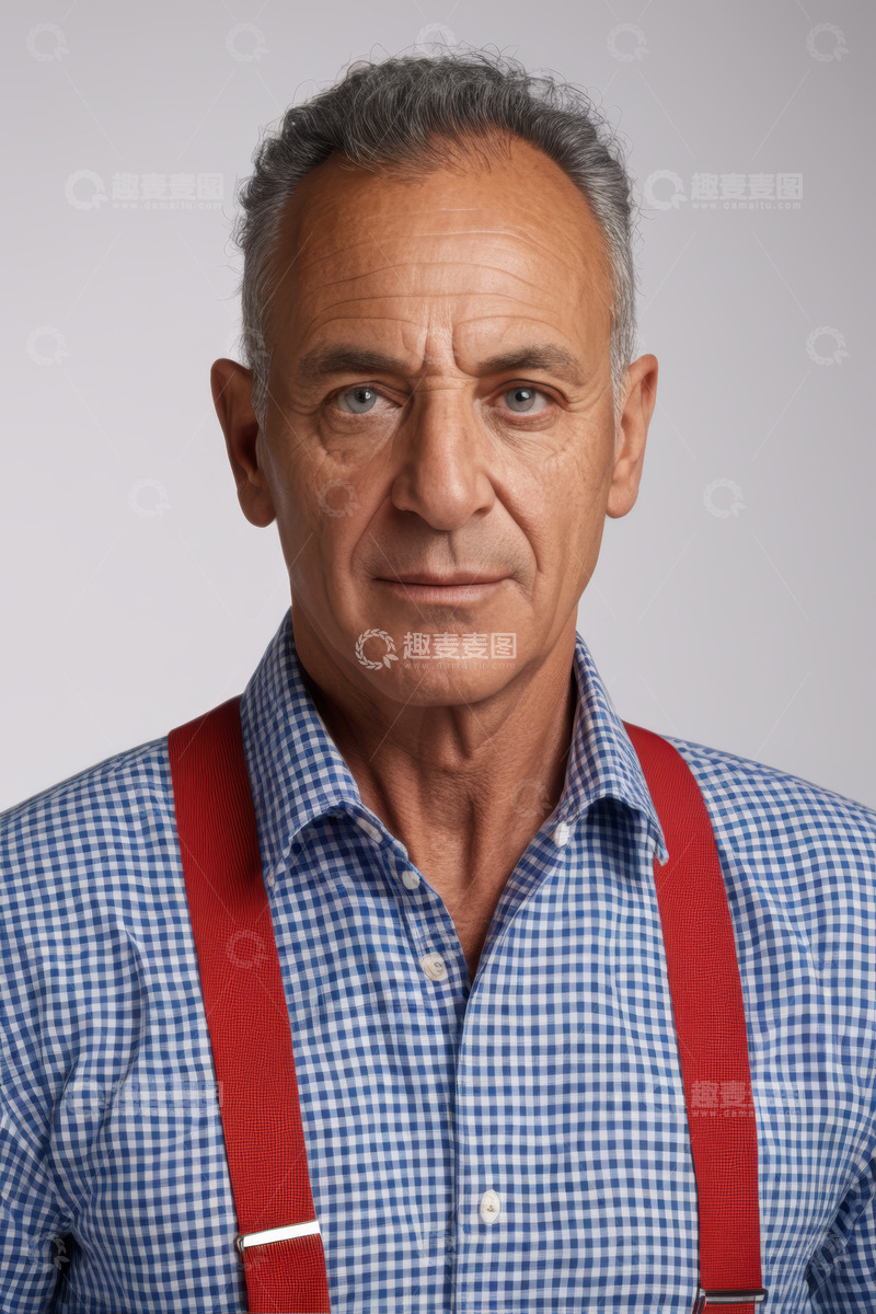 高清大图下载【趣麦麦图】穿着蓝格衬衫的老年男性肖像