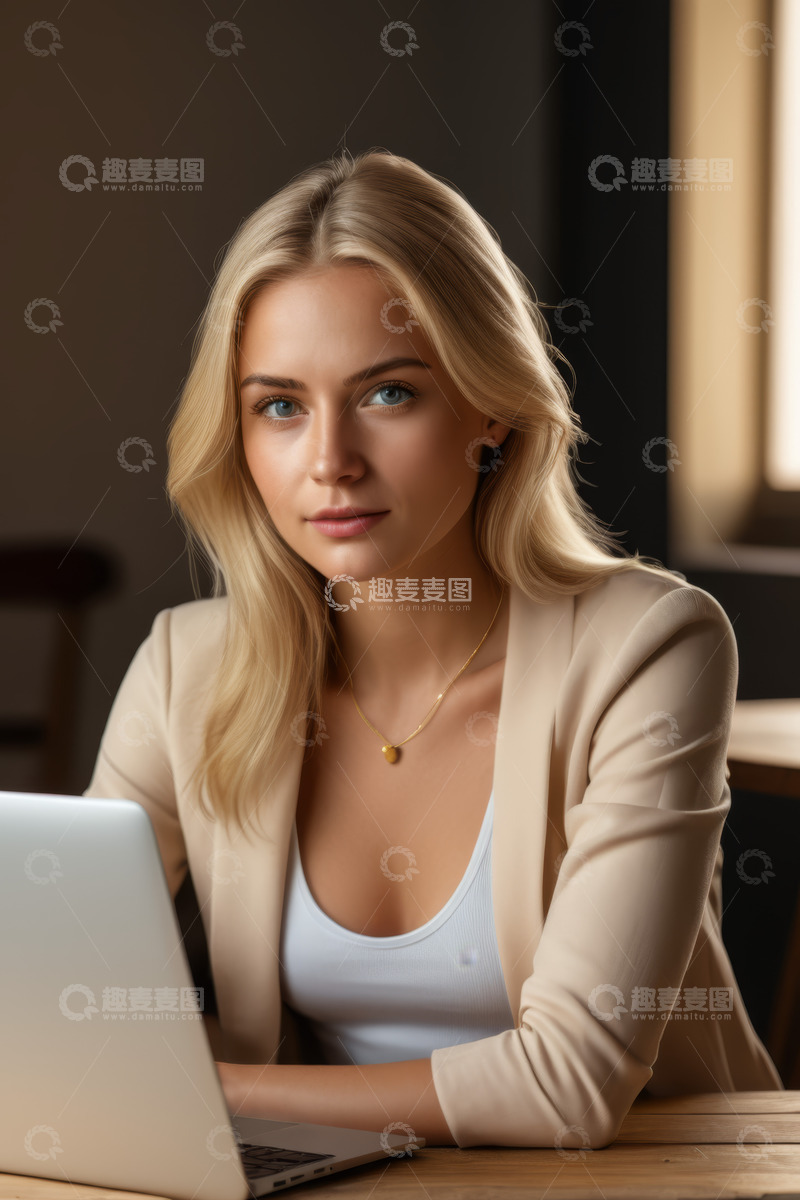 高清大图下载【趣麦麦图】金发女子办公使用笔记本电脑