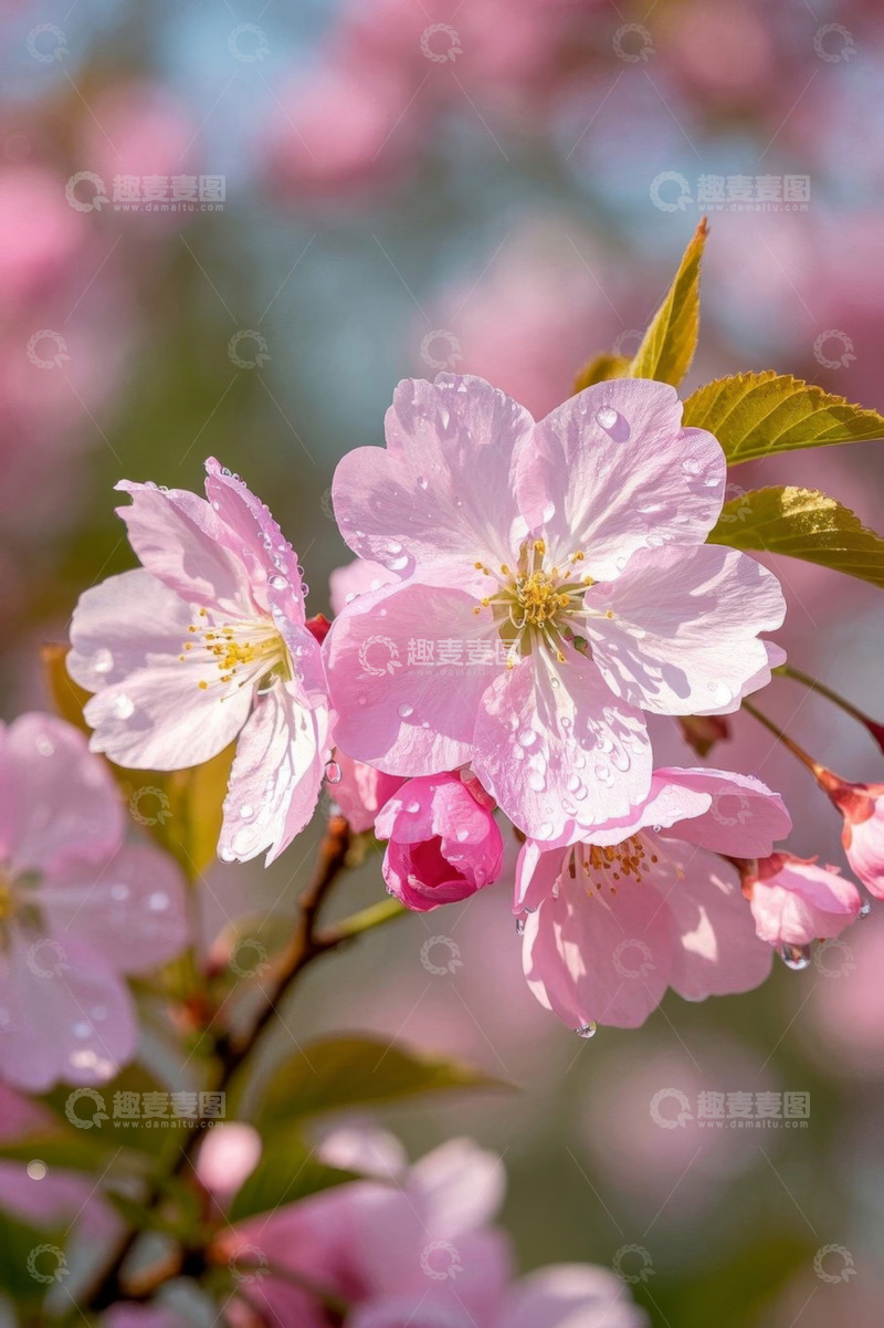 高清大图下载【趣麦麦图】带水珠的粉色樱花特写