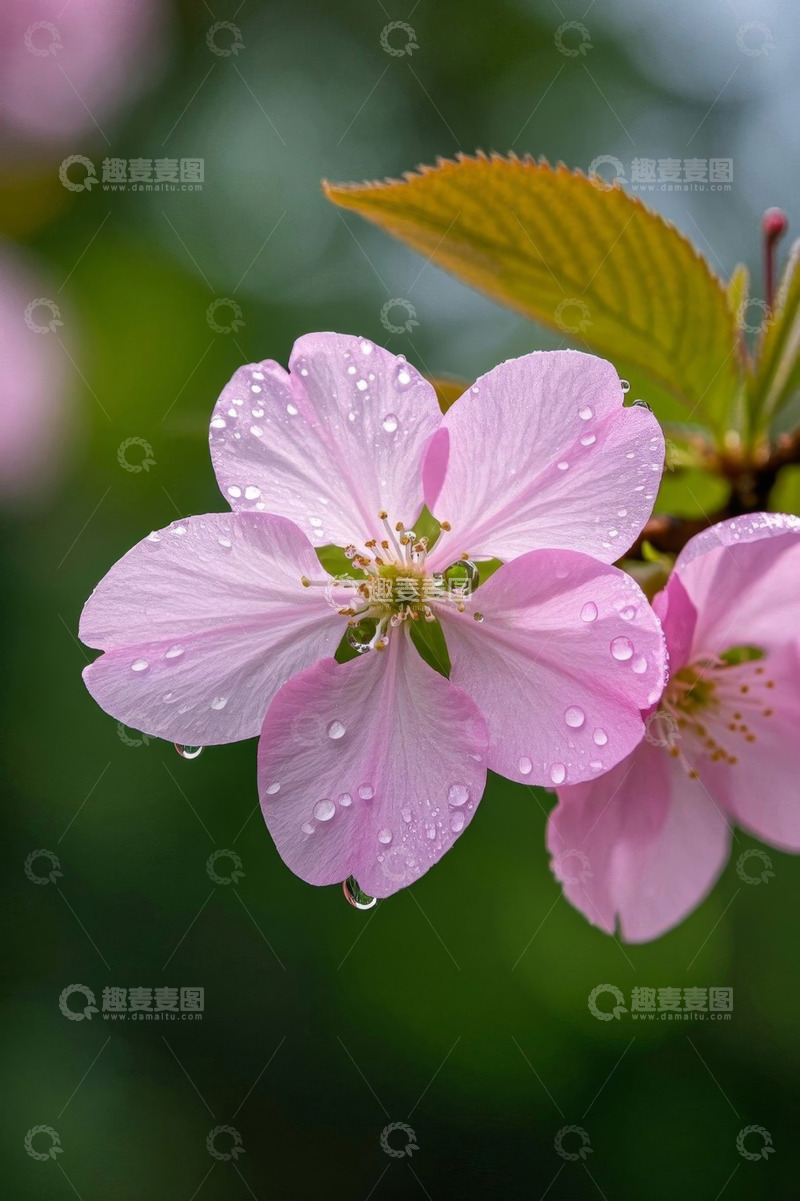 高清大图下载【趣麦麦图】带水珠的粉色樱花特写