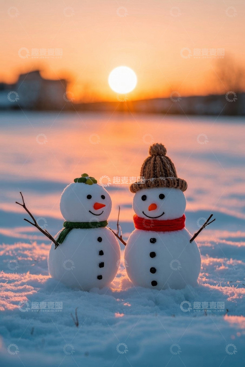 高清大图下载【趣麦麦图】夕阳下雪地中的可爱雪人