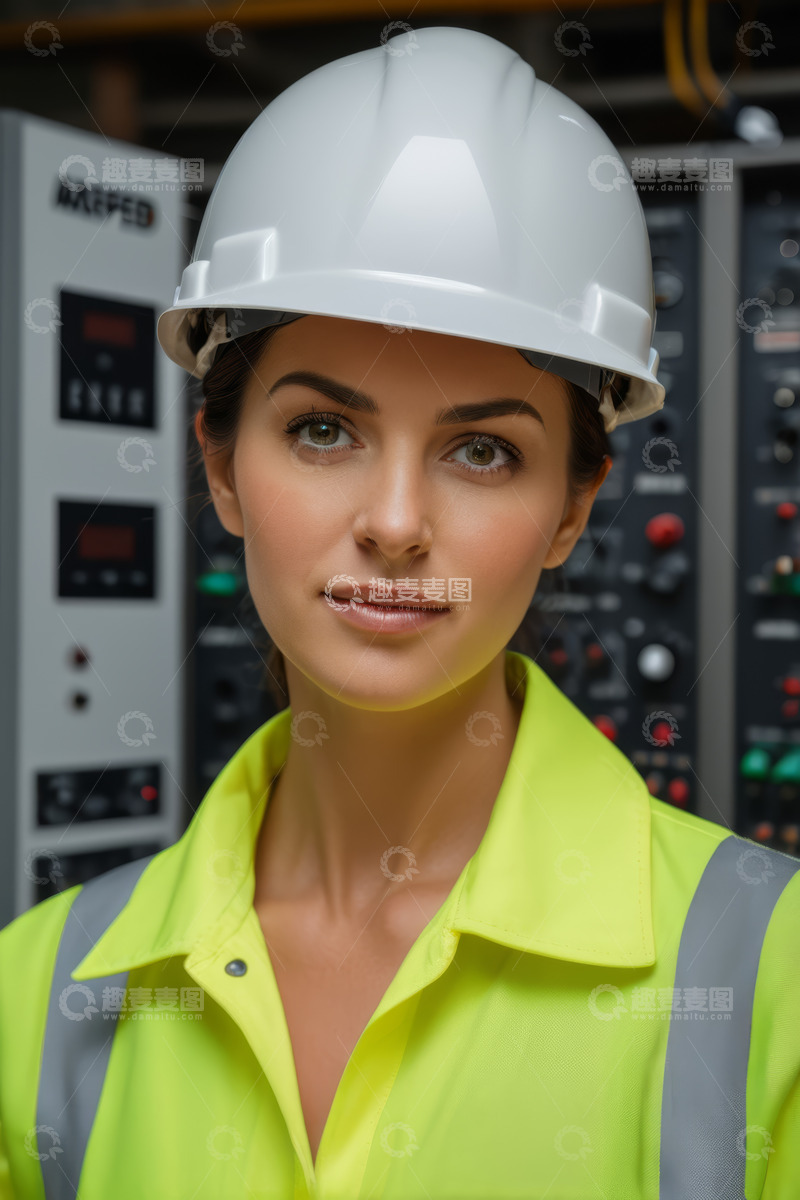 高清大图下载【趣麦麦图】穿工装戴安全帽的女性工程师
