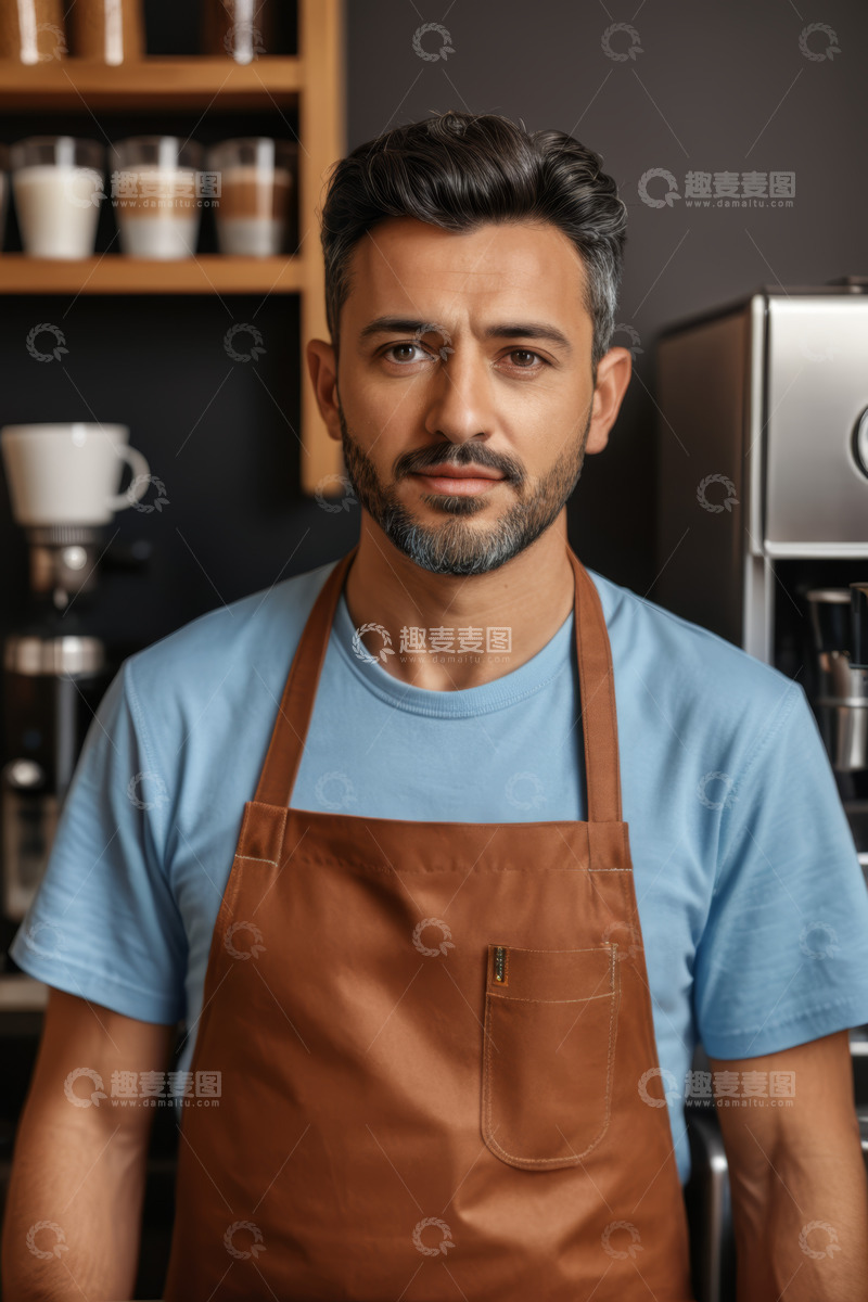 高清大图下载【趣麦麦图】穿着围裙的咖啡师正面照