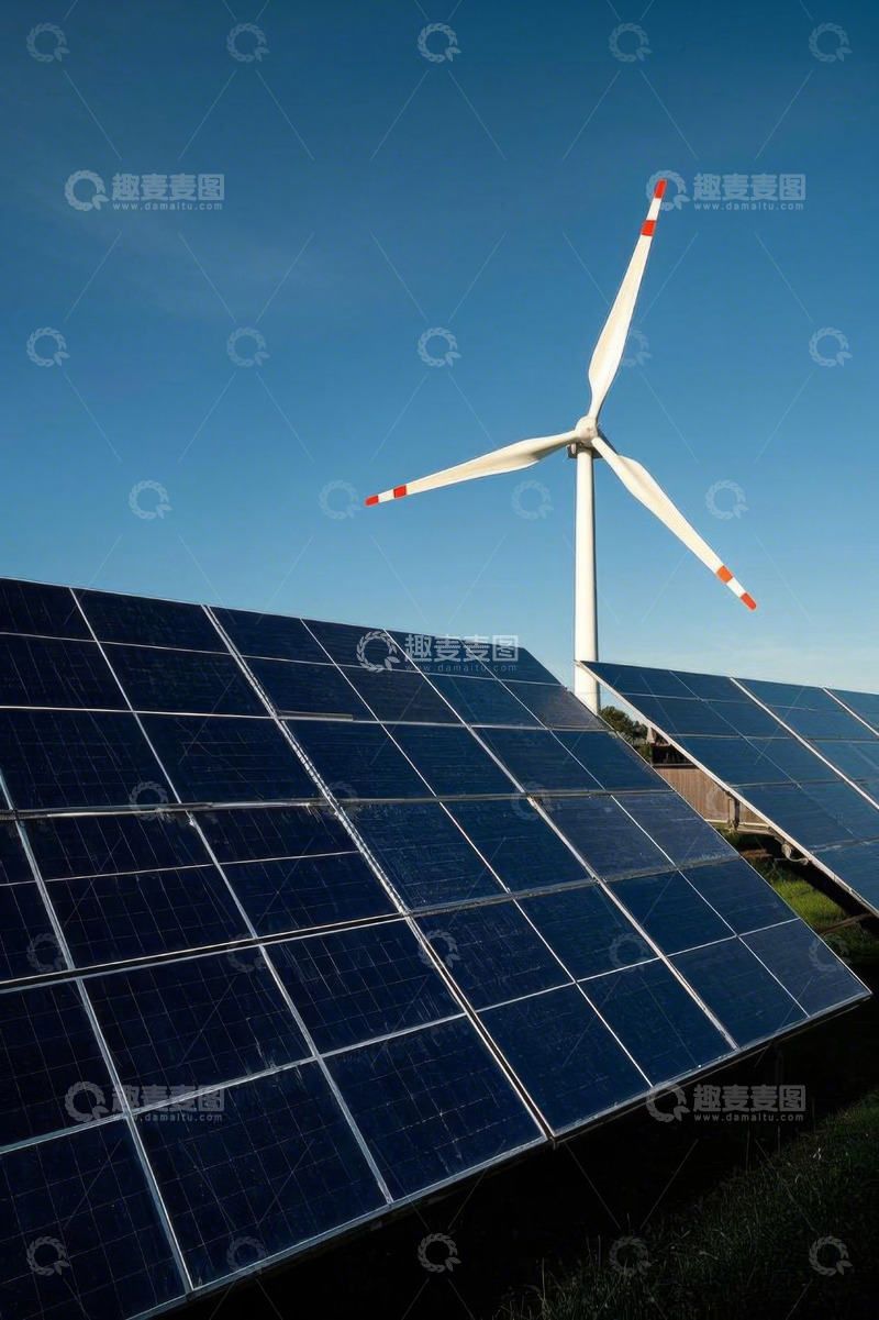 高清大图下载【趣麦麦图】太阳能板与风力发电机场景