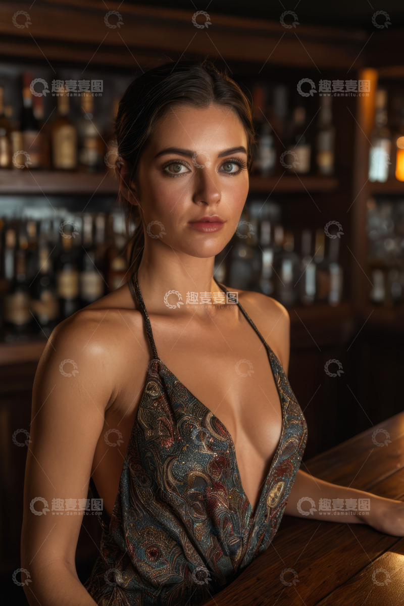 高清大图下载【趣麦麦图】酒吧吧台前的女性肖像