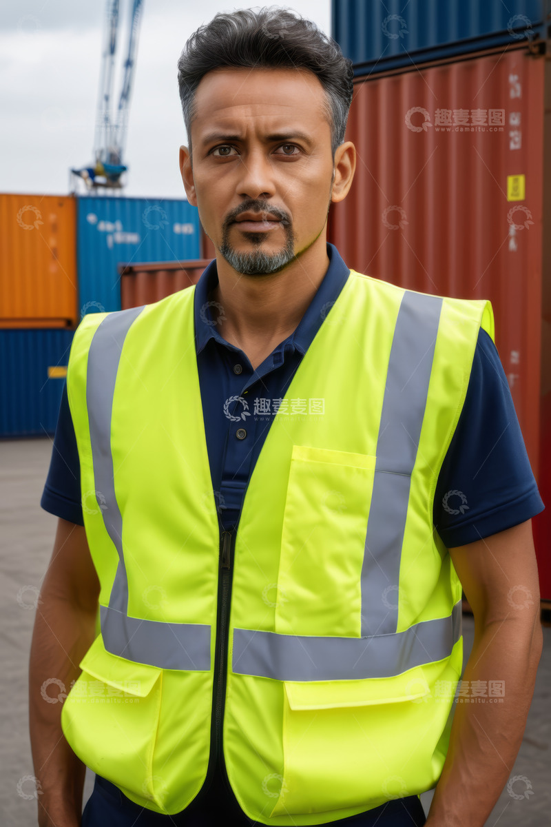 高清大图下载【趣麦麦图】港口工人穿反光背心工作照