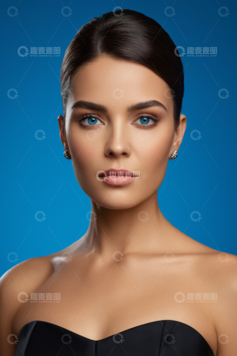高清大图下载【趣麦麦图】蓝背景女性肖像特写