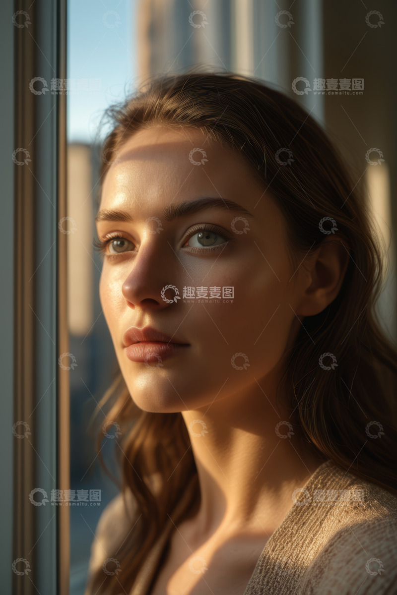 高清大图下载【趣麦麦图】窗边女子特写肖像