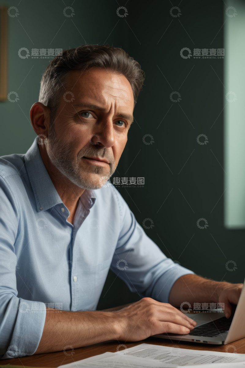 高清大图下载【趣麦麦图】办公男士专注使用笔记本电脑