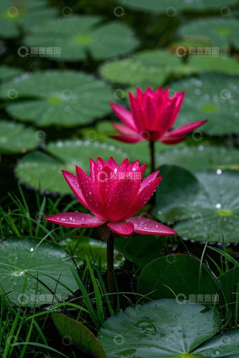高清大图下载【趣麦麦图】池塘中绽放的带水珠红睡莲