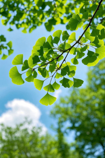 阳光下嫩绿银杏叶与蓝天