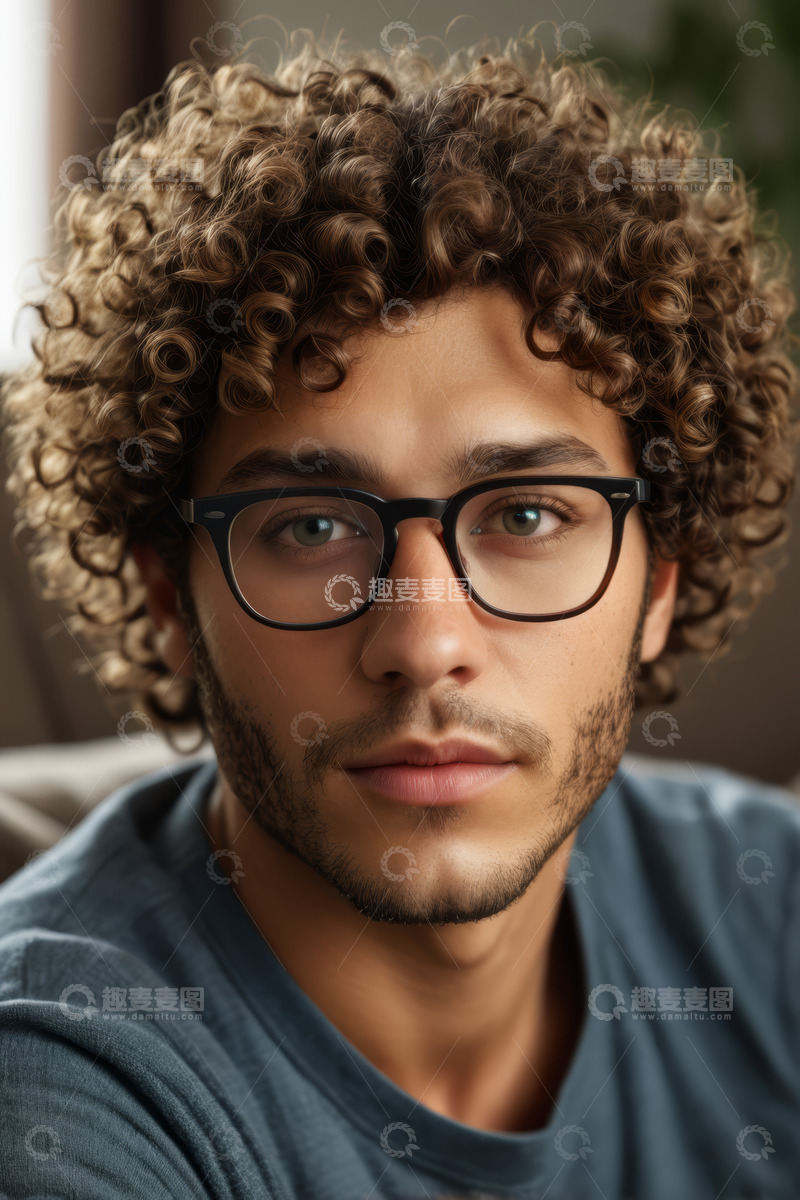高清大图下载【趣麦麦图】戴眼镜卷发男子的肖像