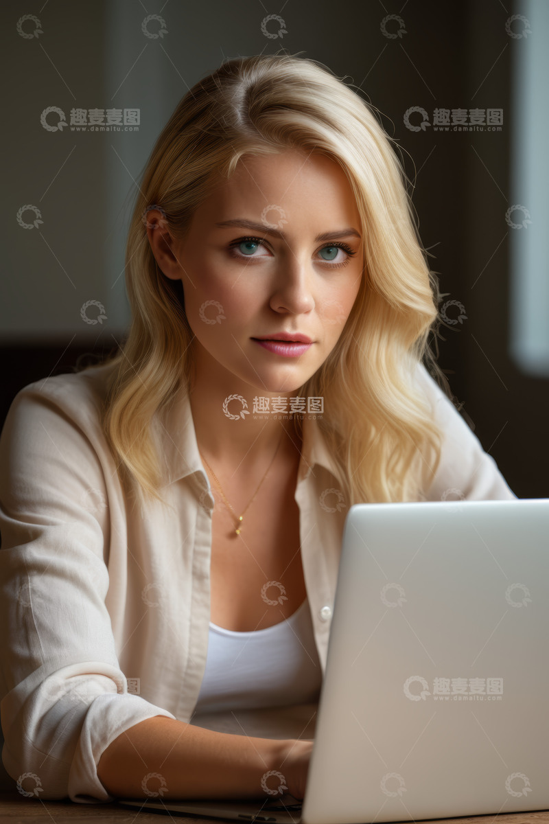 高清大图下载【趣麦麦图】金发女子专注使用笔记本电脑