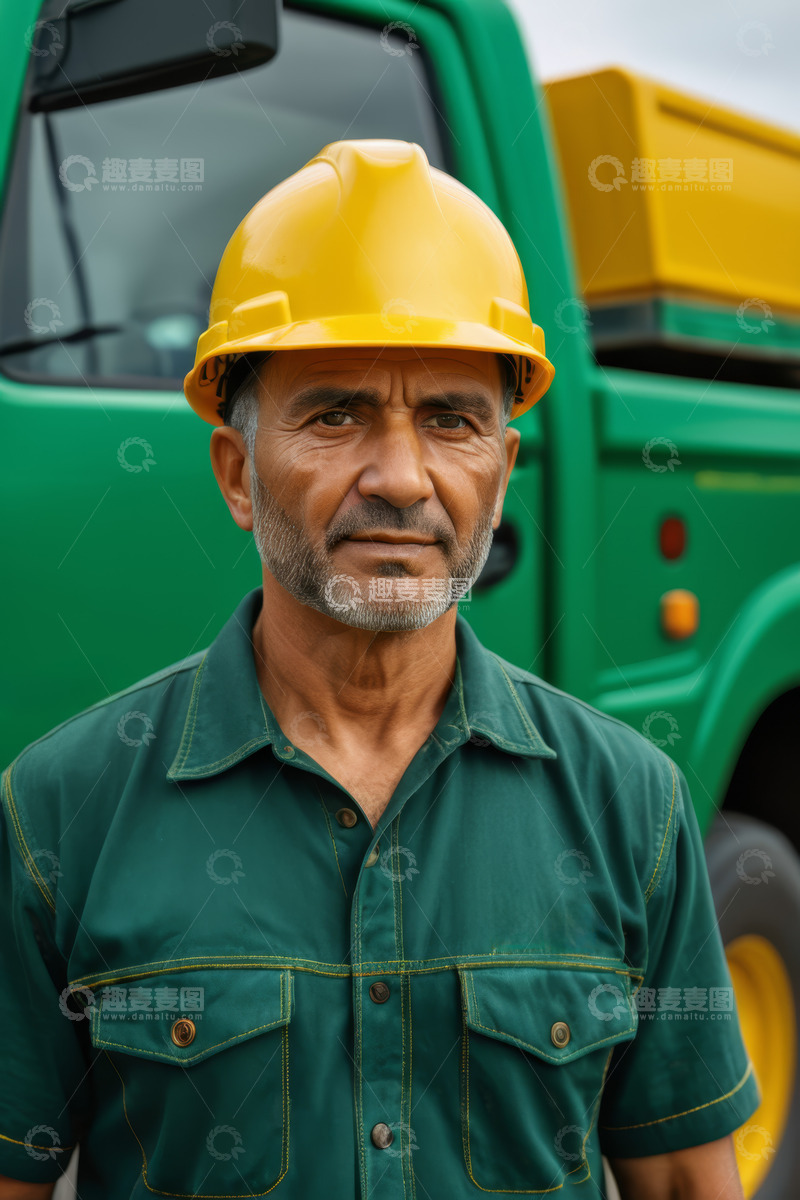 高清大图下载【趣麦麦图】戴安全帽的工人站在绿色卡车前