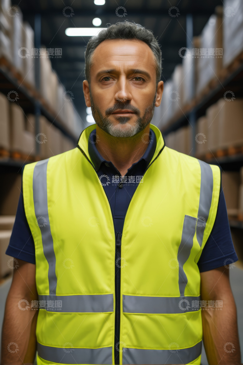 高清大图下载【趣麦麦图】仓库工人穿反光背心正面像