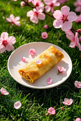 草地上盘子里的春卷与桃花