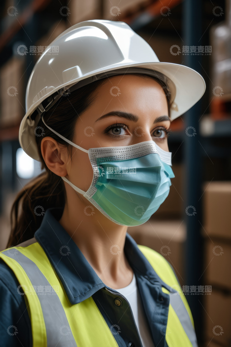 高清大图下载【趣麦麦图】仓库女工人戴安全帽口罩特写