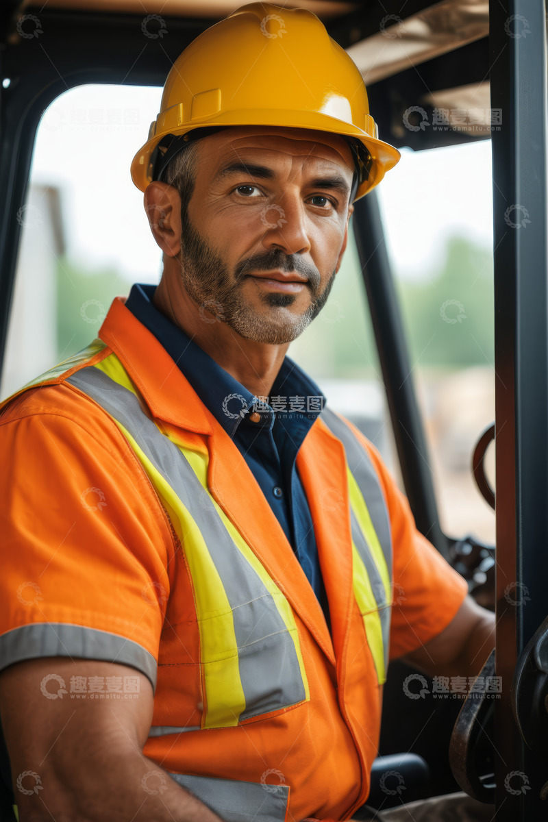 高清大图下载【趣麦麦图】叉车工人穿着反光背心驾驶叉车