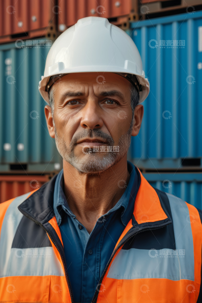 高清大图下载【趣麦麦图】港口工人戴安全帽穿反光背心