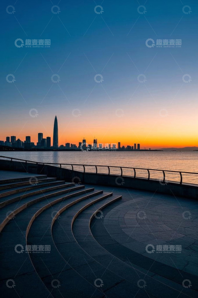 高清大图下载【趣麦麦图】深圳城市海滨日落天际线景观