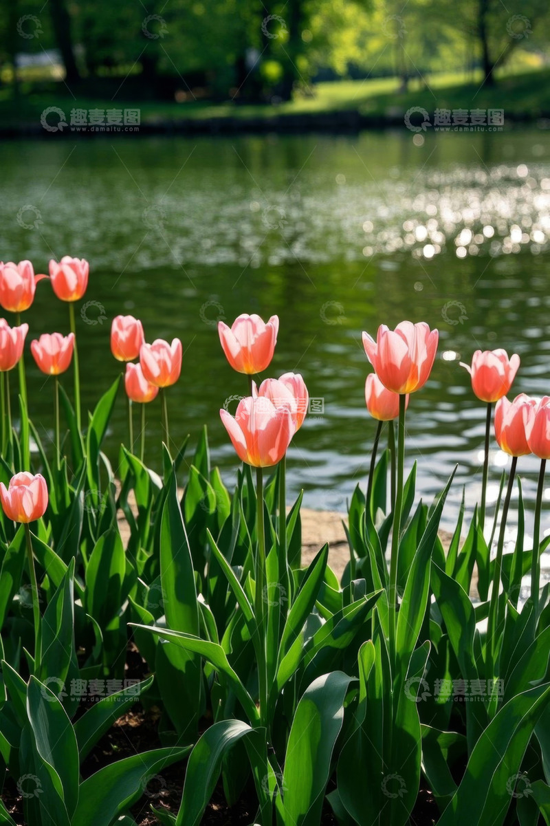 高清大图下载【趣麦麦图】湖边盛开的粉色郁金香