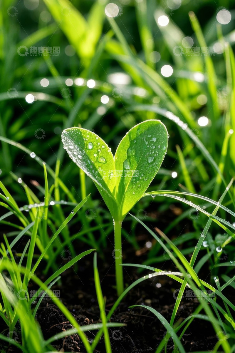 高清大图下载【趣麦麦图】带露珠的嫩绿幼苗特写