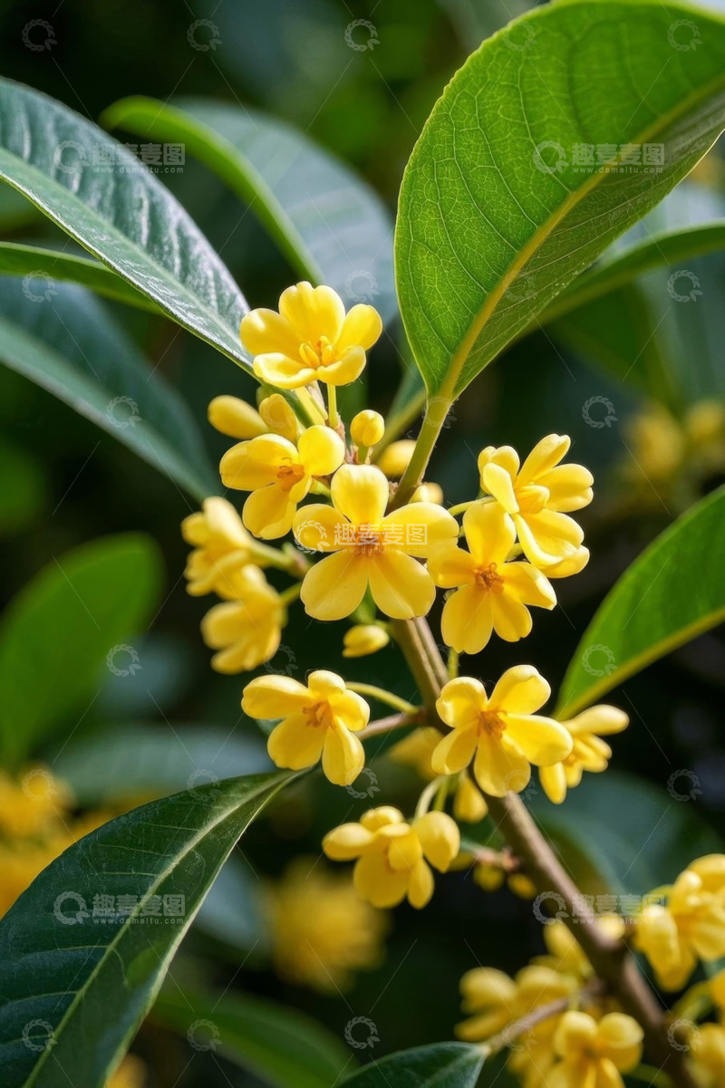 高清大图下载【趣麦麦图】特写黄色桂花与绿叶