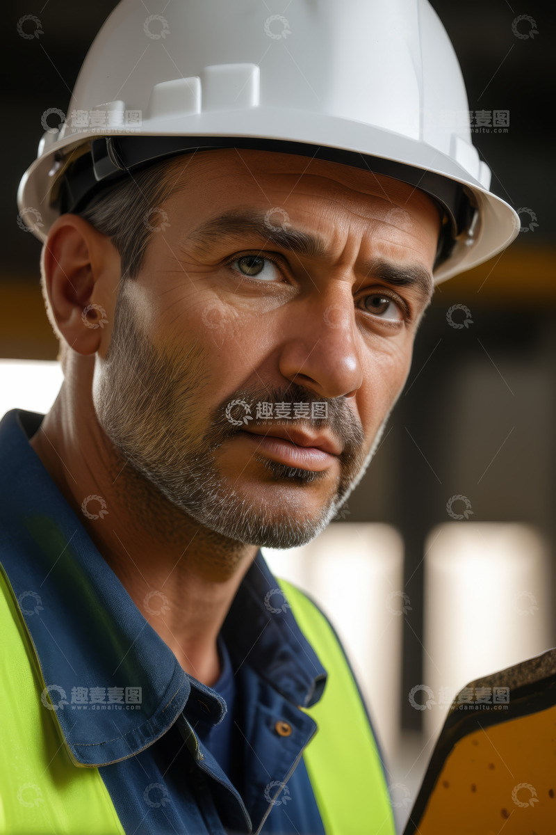 高清大图下载【趣麦麦图】戴安全帽工人近景特写