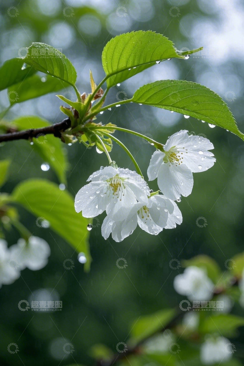 高清大图下载【趣麦麦图】带水珠的白色樱花特写