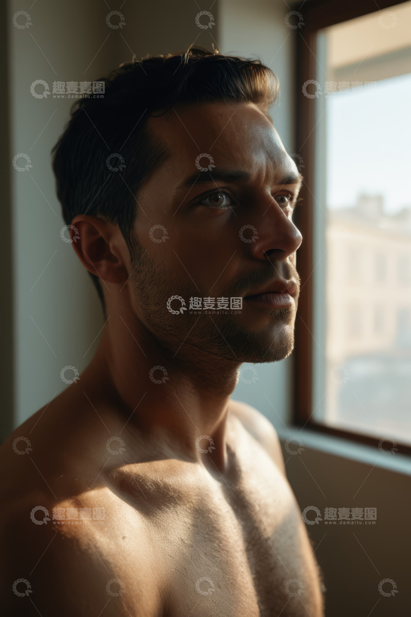 高清大图下载【趣麦麦图】窗边赤膊男性肖像