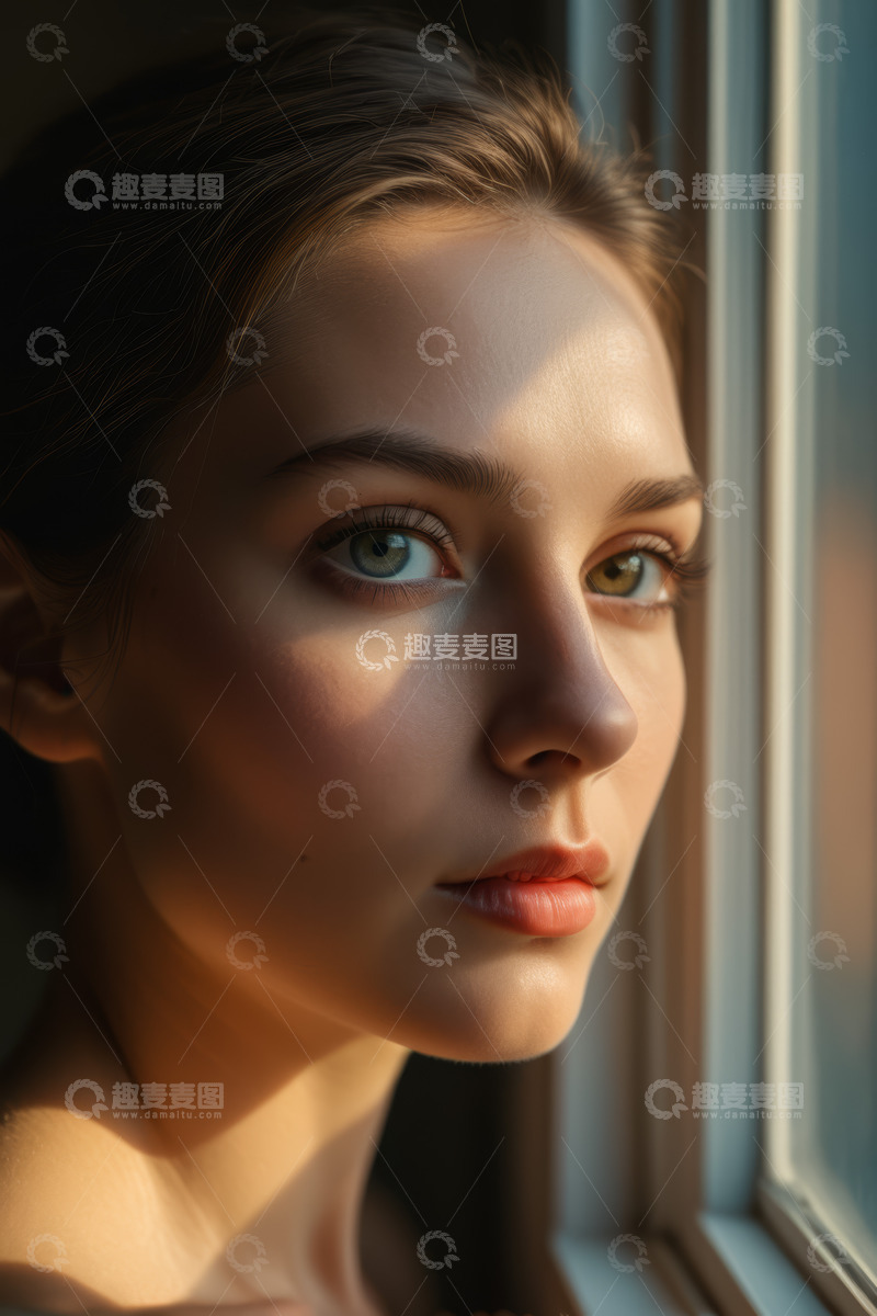 高清大图下载【趣麦麦图】窗边女子特写肖像