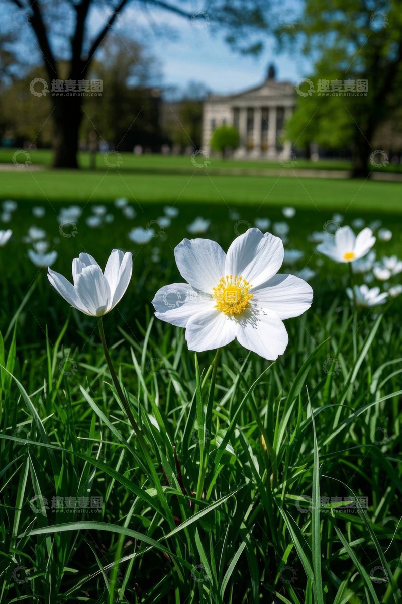 高清大图下载【趣麦麦图】草地上绽放的白色花朵