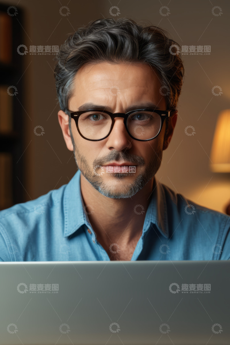 高清大图下载【趣麦麦图】办公男士专注使用笔记本电脑